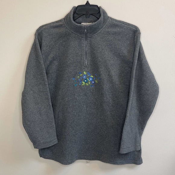 Womens Floral Embroidered Quarter Zip Fleece Sweatshirt Basic Editions Gray L - Picture 1 of 5